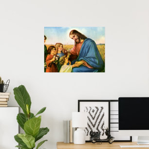 Póster Niños de la época llevan flores a Jesucristo