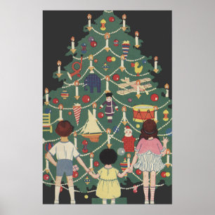 Póster Niños de Navidad ventilado alrededor de un árbol d
