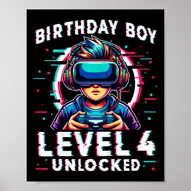 Póster Niños de nivel 4 desbloqueados Jugador de Cumpleañ (Frente)