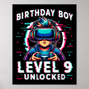 Póster Niños de nivel 9 desbloqueados Jugador de Cumpleañ