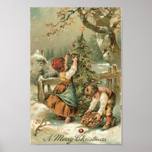 Póster Niños decorando el árbol de Navidad afuera