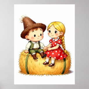 Póster Niños del campo en un fardo de heno,