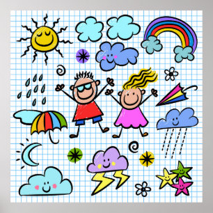Póster Niños del Tiempo Felices Doodles Alegres