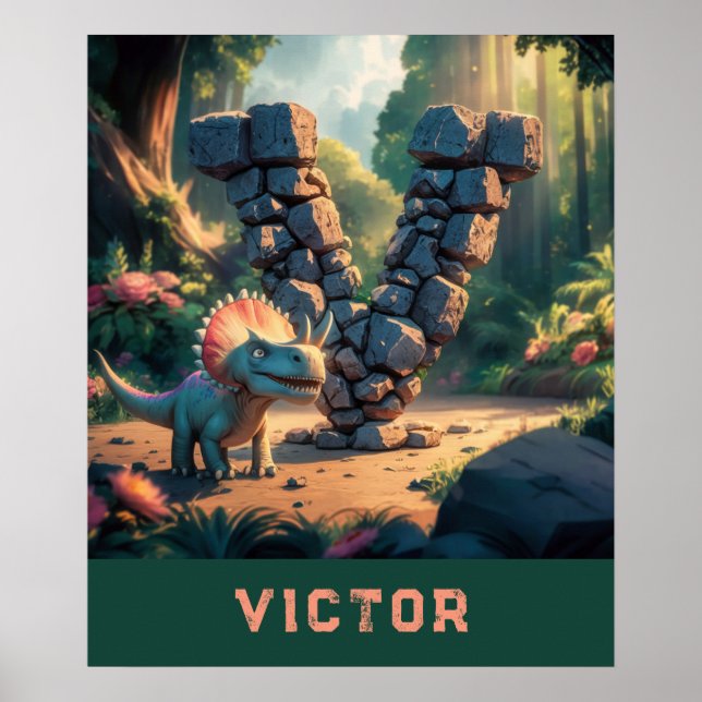 Póster *~* Niños Dinosaurio Monograma AP71 Letra V (Frente)