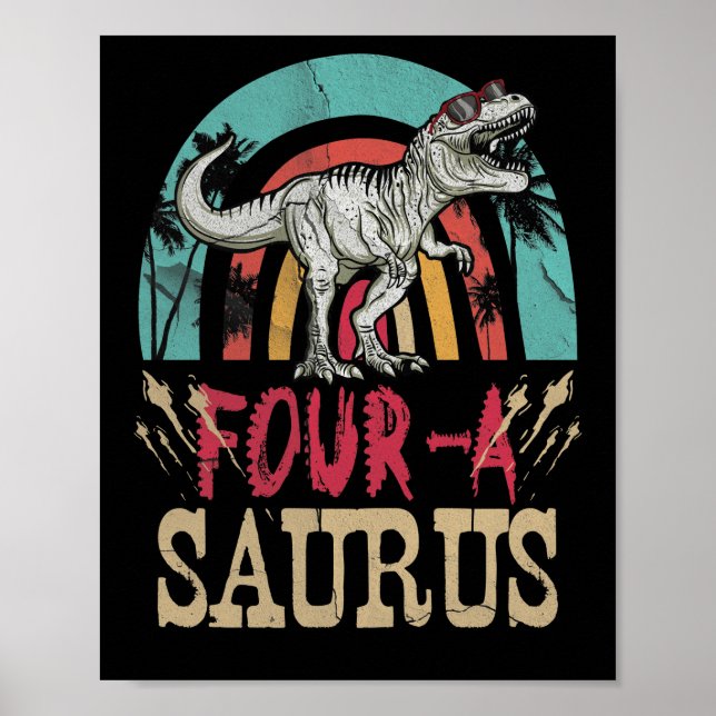 Póster Niños Dinosaurios de 4 años Cumpleaños 4ª T Rex Di (Frente)