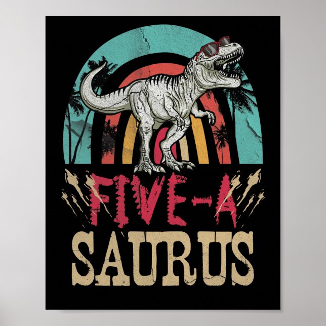 Póster Niños Dinosaurios de 5 años Cumpleaños 5 T Rex Din (Frente)