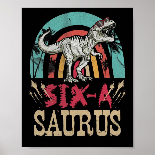 Póster Niños Dinosaurios de 6 años Cumpleaños 6º T Rex Di (Frente)