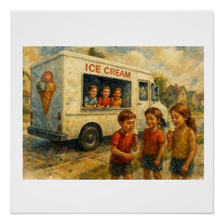 Póster Niños disfrutando del camión de helados, 