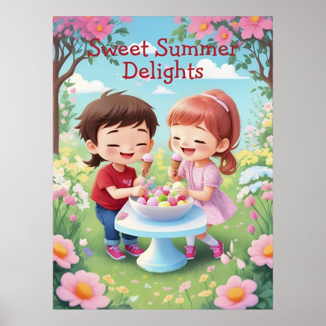 Póster Niños disfrutando del helado en el jardín, una gen (Frente)