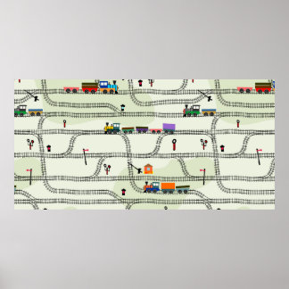 Póster Niños divertidos con vías fluidas de tren con loco
