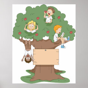 Póster Niños divertidos jugando en el árbol de Apple