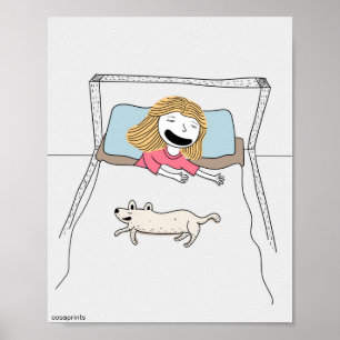 Póster Niños divertidos poster chica y perro en la cama j