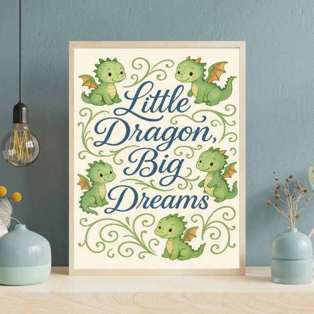 Póster Niños Dragón Nursery Pequeño Dragón Grandes Sueños (Boys Nursery Wall Art, Blue Lettering Green Dragons, Little Dragon, Big Dreams, Toddler Boys Room)