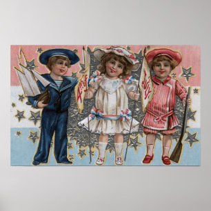 Póster Niños en azul, blanco y rosa