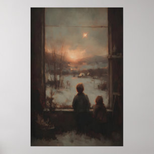 Póster Niños en la ventana con puesta de sol, casa de cam
