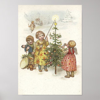 Póster Niños encendiendo velas en el árbol