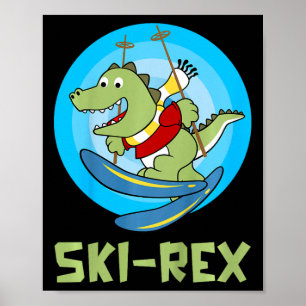 Póster Niños Esquíando Ski-rex Dino Divertido Infantil Di
