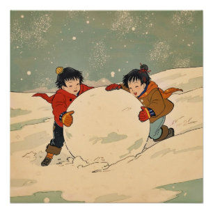 Póster Niños japoneses rodando una gran bola de nieve