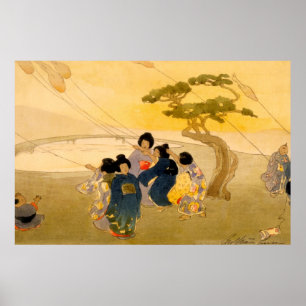 Póster Niños japoneses volando cometas - Bertha Lum - 191