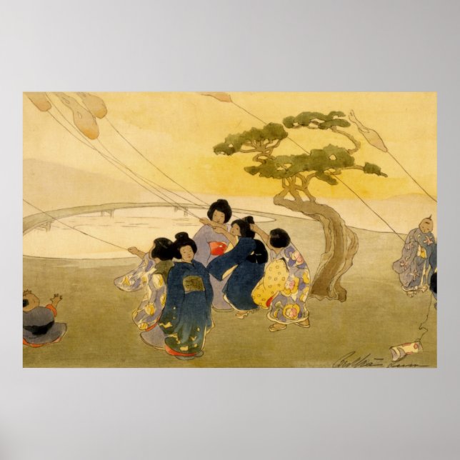 Póster Niños japoneses volando cometas - Bertha Lum - 191 (Frente)