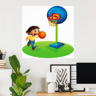 Póster Niños jugando básquetbol con deportes de entreteni