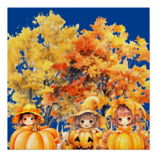 Póster niños jugando con las calabazas