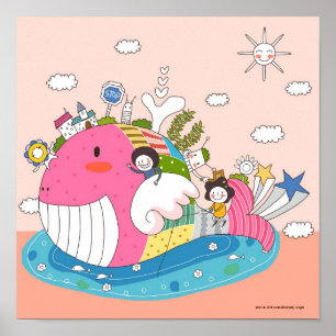 Póster Niños jugando con peces en estanque