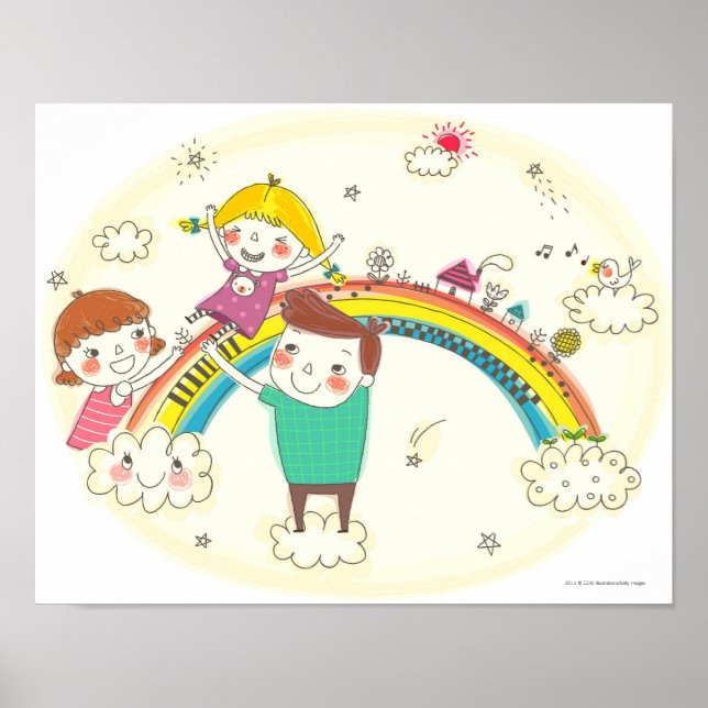 Póster Niños jugando en el arco iris (Frente)