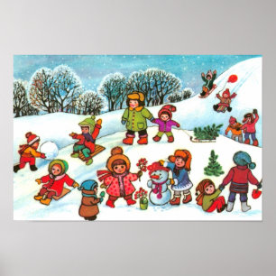Póster Niños jugando en la nieve