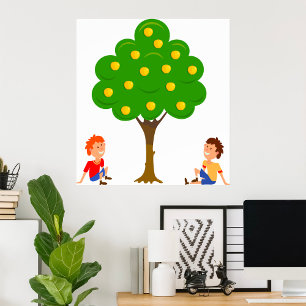 Póster Niños juguetones sentados bajo un árbol de Apple