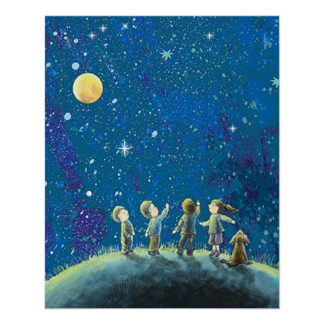 Póster Niños Mirando El Cielo Nocturno (Anverso)