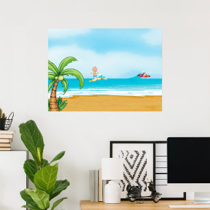 Póster Niños navegando en la playa tropical Océano verani
