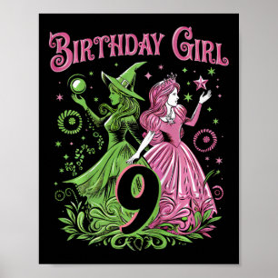 Póster Niños Novena Bruja De Cumpleaños Rosa Y Verde De 9