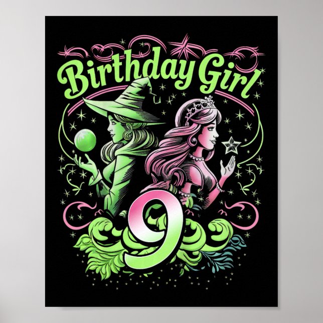 Póster Niños Novena Bruja De Cumpleaños Rosa Y Verde De 9 (Frente)