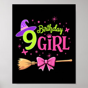 Póster Niños Novena Bruja De Cumpleaños Rosa Y Verde De 9