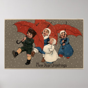 Póster Niños pequeños con paraguas