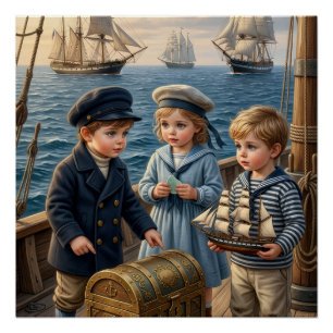 Póster Niños pequeños marineros descubriendo un cofre del