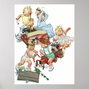 Póster Niños pequeños vintage jugando con camiones de bom
