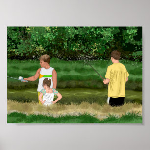Póster Niños pescando en el estanque local