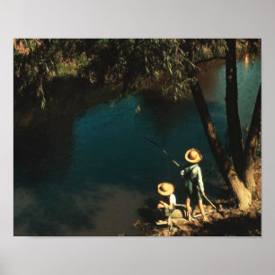 Póster Niños que pescan en el vintage del pantano