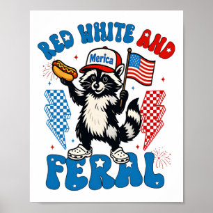 Póster Niños Rojo Divertido Blanco Y Mapache Feral Salvaj
