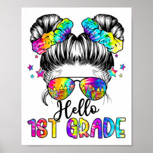 Póster Niños Saludos De Primer Grado Messy Hair Bun Chica