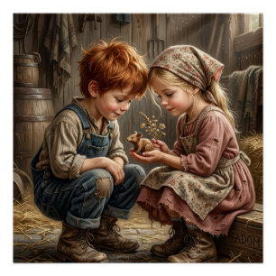 Póster Niños sentados juntos en un nostálgico entorno rur