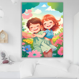 Póster Niños sonrientes en el Poster de los jardines de f