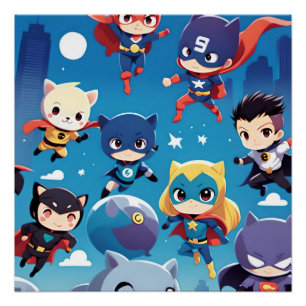 Póster Niños superhéroes volando alto
