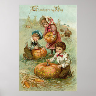 Póster Niños Tallando Calabazas Montón de Maíz de Pavo