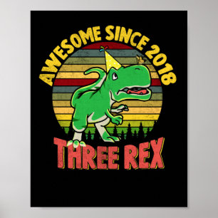 Póster Niños Tres Rex Tercer Cumpleaños Tercer Dinosaurio