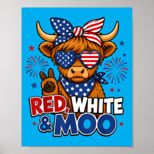 Póster Niños Vaca Highland Roja Blanca 4 De Julio