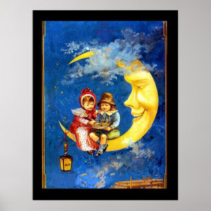 Póster Niños victorianos en el cartel vintage de la luna