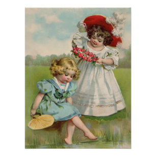 Póster Niños Victorianos Jardín de Verano Vintage Niñas